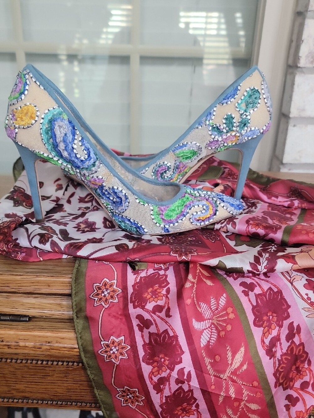 Sam Edelman Blue and Green Beaded Pointed-Toe Heels - Picture 3 of 3
